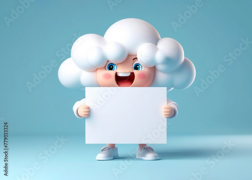 cute cloud character, holding white blank sheet of paper in hands, pastel colors, illustration 3d