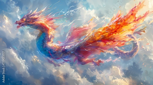A colorful dragon kite twisting and turning in the wind, its scales and claws appearing incredibly lifelike