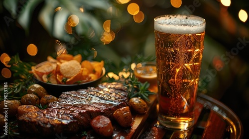 Fototapeta Naklejka Na Ścianę i Meble -  A lager in a draught glass in a jungle setting with a sirloin steak and chips next to it, condensation on the beer glass. Generative AI.