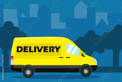 Cartoon style delivery van with a silhouette city background behind