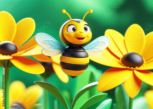 cute cartoon bee collects pollen on a flower on a bright sunny day