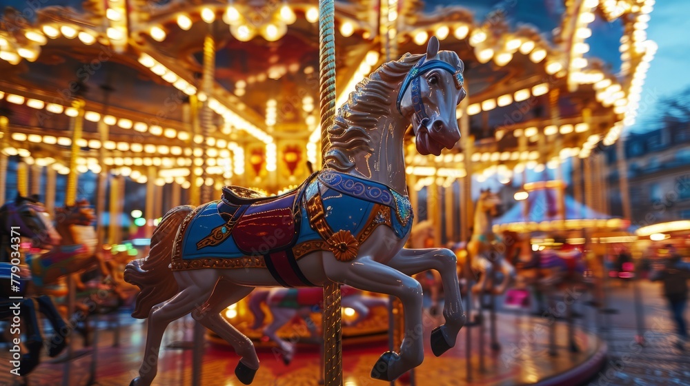 Close-up of a carousel at the heart of a circus parade, with performers in motion, crisp details