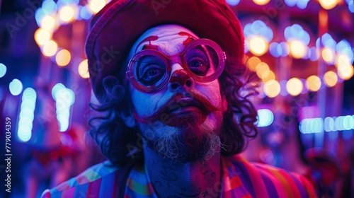Dreamy closeup of a clown juggling under neon lights, carousel horses in the backdrop photo