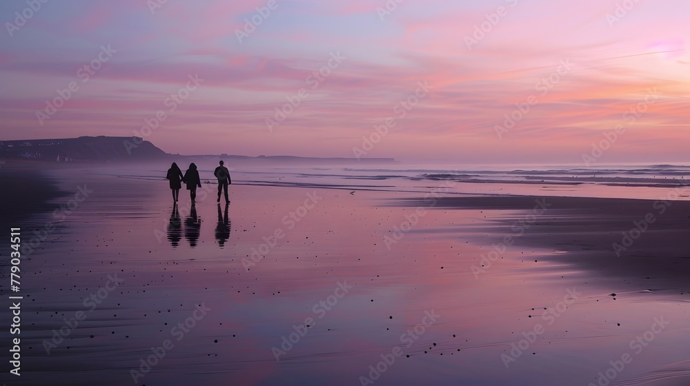 Tranquil Sunset by the Serene Ocean Shore with Silhouetted Figures Tranquil Sunset by the Serene Ocean Shore with Silhouetted Figures