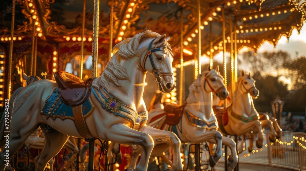 Majestic white horses on golden carousel, royalty's garden party, sunset ambiance