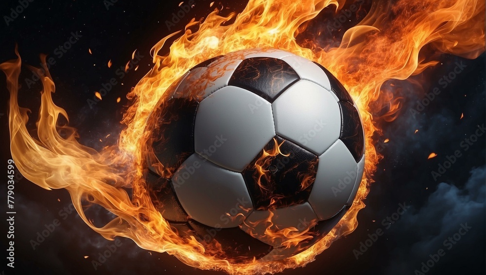 Fototapeta premium A dynamic sports image of a soccer ball engulfed in flames, symbolizing power and energy