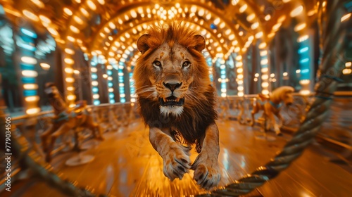 Magical moment as a lion leaps through a hoop, carousel illuminated in soft focus photo