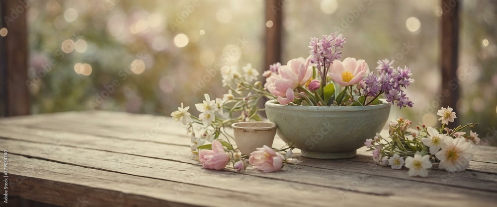 A serene setting featuring a bowl of fresh flowers on a wooden table with soft, dreamy bokeh background