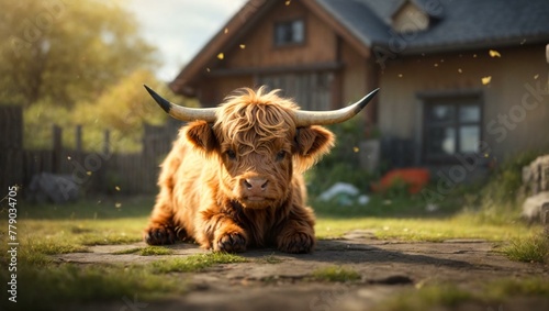 A majestic Highland cow rests comfortably on a rural path, bringing the peacefulness of rustic life closer photo