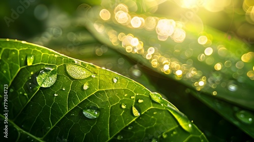 Vibrant green leaf with glistening dew drops illuminated by soft,natural sunlight highlighting the intricacy and beauty of nature