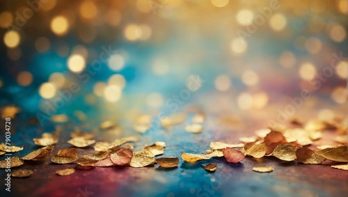 A celebratory background of shimmering confetti scattered on a gradient blue and golden textured surface