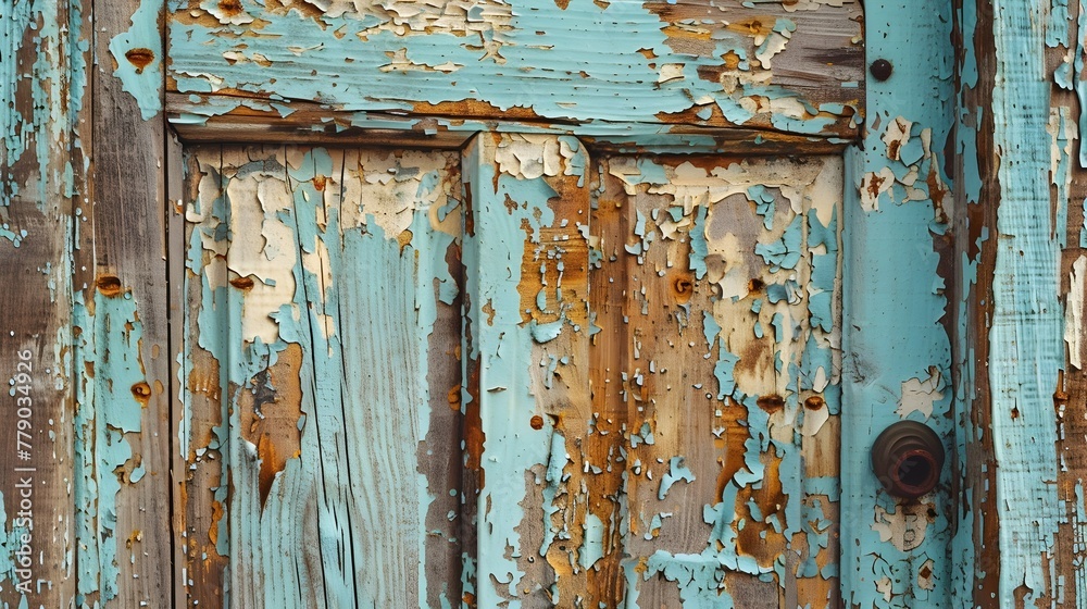 Detailed Texture of Weathered Rustic Paneled Wooden Door with Peeling Paint Telling Stories of the Past