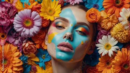 A woman's face surrounded by a bed of colorful flowers showcases vibrant makeup art, symbolizing creativity and beauty