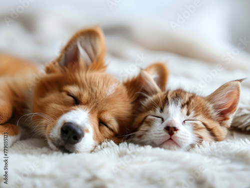 minis, Gatto e cane neonati che dormono insieme. Cuccioli di cane e gatto che dormono insieme su sfondo bianco di appartamento , primo piano di cuccioli