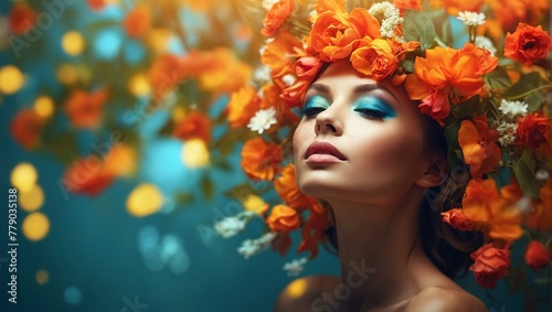 A captivating image showing a person's face obscured by a collection of vibrant orange and red flowers in a natural setting