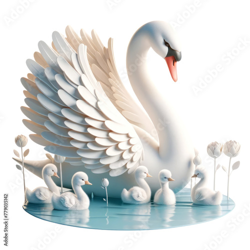 Fototapeta Naklejka Na Ścianę i Meble -  3D render A white swan with its wings spread out is surrounded by a group of baby swans, 3D render, isolated on a transparent background