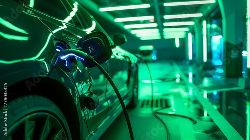 Wallpaper Mural Charging cable connected to an electric car,surrounded by ambient green lighting to emphasize eco-friendly transportation technology Torontodigital.ca