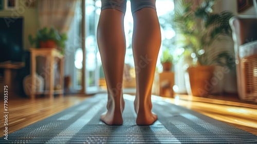 Close up of the legs of a young woman exercising in the living room of her home on a mat. Generative AI.