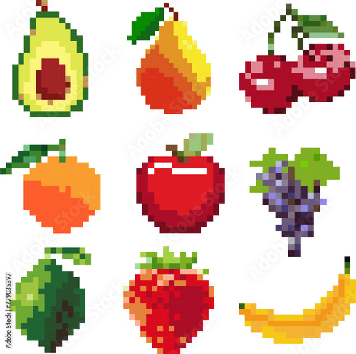 Fruits icons set. Pixel art. Old school computer graphic style. Games elements. Embroidery.