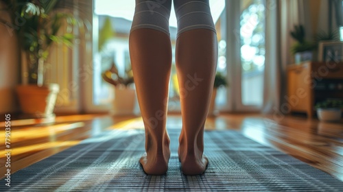 Close up of the legs of a young woman exercising in the living room of her home on a mat. Generative AI. photo