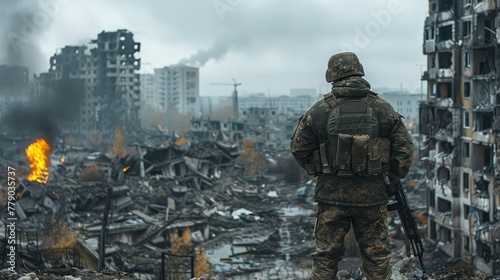 A lone soldier stands and looks at the destroyed city. Generative AI.