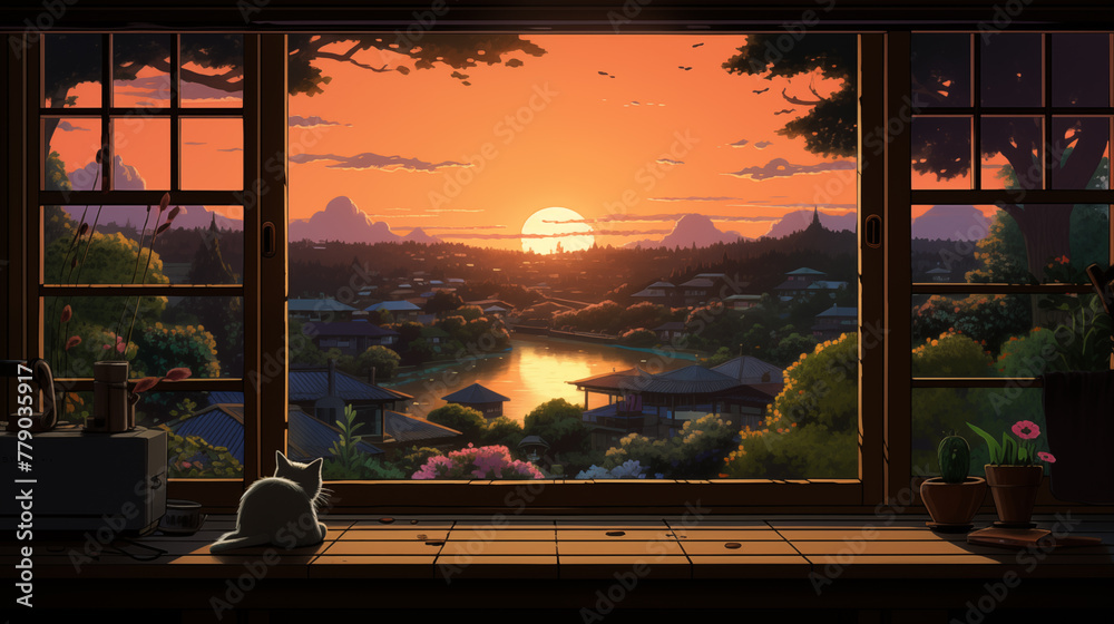 Fototapeta premium Cozy Lofi Window View with Anime Cat by the Window - Perfect for Chill Study Illustration for Music Streaming.