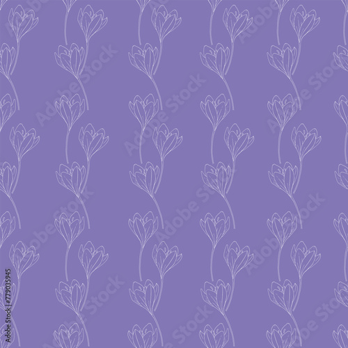 Seamless background for your design. Hand-drawn pattern with white crocuses.