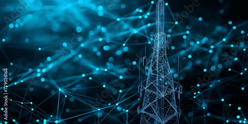 Blue abstract 3D isolated 5G antenna on innovation technology background. Low-poly wireframe digital vector. Polygons and connected dots. The Internet telecommunication
