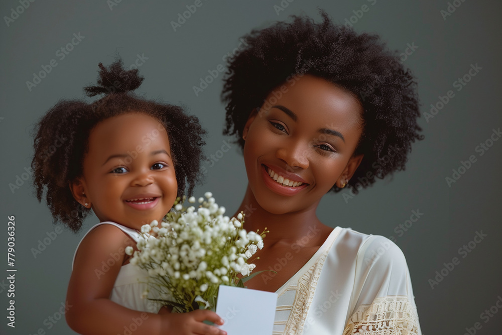Happy Mother's Day Celebration with Black Mother and Child and Flowers Happy Mother's Day Celebration with Black Mother and Child and Flowers