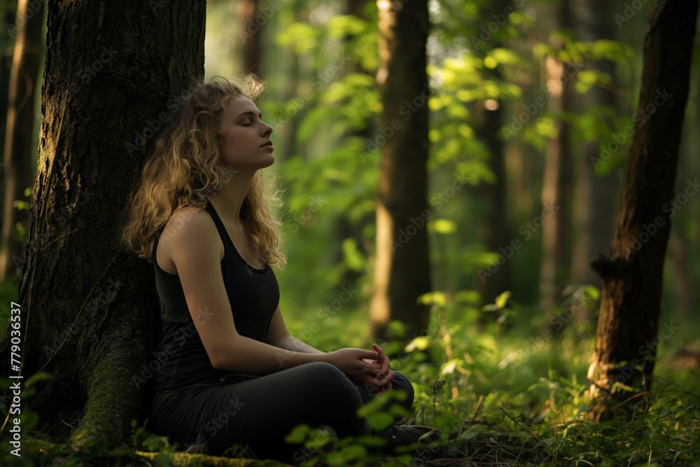 A happy woman is sitting under a tree in the woods with her eyes closed. Generative AI A happy woman is sitting under a tree in the woods with her eyes closed. Generative AI