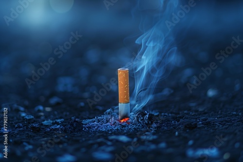 Lone Cigarette on Ashy Surface with Rising Smoke photo