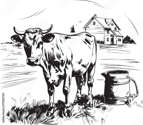 Rural Riches Grass Farm Vector Logo with Bovine Companion Milky Meadows Cow with Milk Can Farm Emblem