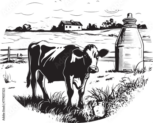 Farm Fresh Bovine Cow and Milk Can Vector Logo Dairy Delight Grass Farm Icon with Cow and Milk Can