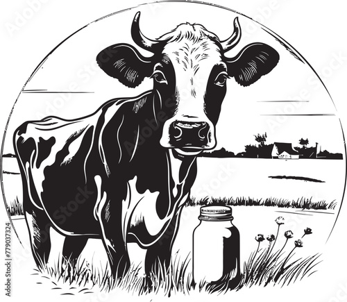 Dairy Delight Grass Farm Icon with Cow and Milk Can Pastoral Perfection Cow and Milk Can Emblem in Grass Farm Setting