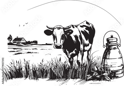 Milky Meadows Vector Logo Design with Cow, Milk Can, and Grass Rustic Creamery Cow and Milk Can Logo Icon on Grass Farm