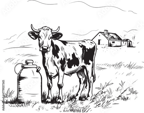 Meadow Milk Marvel Cow, Milk Can, and Grass Vector Design Bovine Bounty Vector Logo with Cow, Milk Can, and Lush Grass