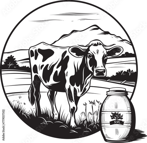 Sunny Dairy Sanctuary Vector Logo with Cow, Milk Can, and Sunlit Grass Peaceful Pasture Pleasures Cow, Milk Can, and Grass Emblem in Vector Logo