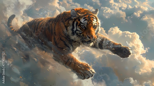 A fierce tiger kite prowling through the sky, its stripes rippling with every movement