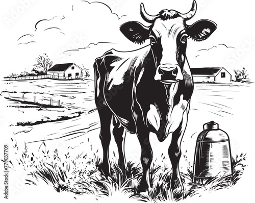 Meadow Magic Cow, Milk Can, and Grass Vector Design Verdant Valley Visions Vector Logo with Cow, Milk Can, and Scenic Grasslands