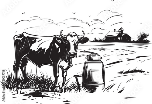 Verdant Valley Visions Vector Logo with Cow, Milk Can, and Scenic Grasslands Tranquil Dairy Sanctuary Cow, Milk Can, and Grass Emblem in Vector Logo