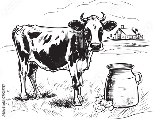 Dairyland Delights Vector Logo with Cow, Milk Can, and Luxuriant Grass Green Pasture Paradise Cow, Milk Can, and Grass Emblem in Vector Logo