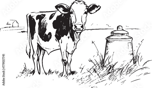 Grassland Goodness Cow, Milk Can, and Grass Vector Logo Dairyland Delights Vector Logo with Cow, Milk Can, and Luxuriant Grass photo