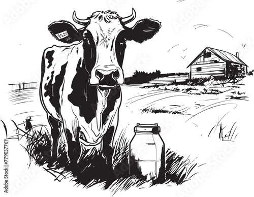 Meadow Melodies Vector Logo Design with Cow, Milk Can, and Meadow Serenity Verdant Valley Vista Cow, Milk Can, and Grass Vector Design