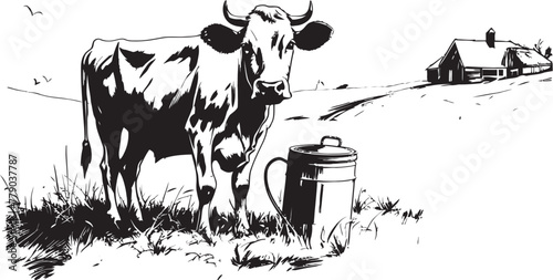 Happy Holstein Haven Cow, Milk Can, and Grass Emblem in Vector Logo Nourishing Naturals Vector Logo Design with Cow, Milk Can, and Natural Splendor