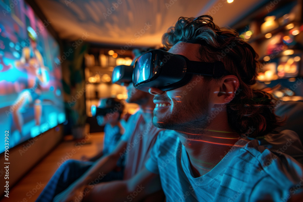 A family is playing a video game together in a living room with a multi dimensional entertainment system and watching movies with a virtual glasses A family is playing a video game together in a living room with a multi dimensional entertainment system and watching movies with a virtual glasses