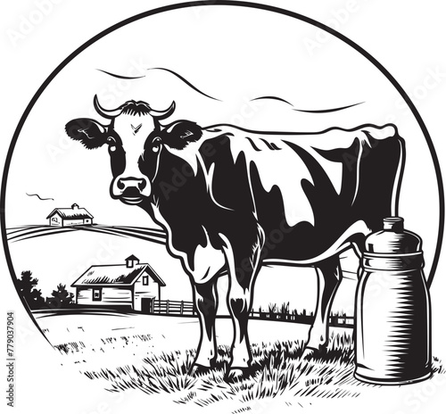 Tranquil Pasture Paradise Grass Farm Icon with Cow and Milk Can Sunny Dairy Dreamland Cow and Milk Can Vector Logo under the Sun