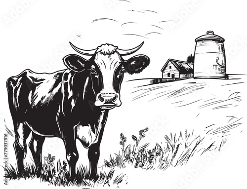 Creamy Countryside Grass Farm Vector Logo with Cow and Milk Can Meadow Melodies Cow and Milk Can Emblem in Scenic Pastures