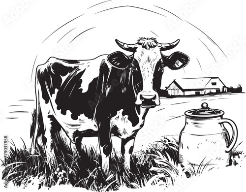 Serene Dairy Sanctuary Grass Farm Logo with Cow and Milk Can Rustic Creamery Cow and Milk Can Vector Design amidst Nature