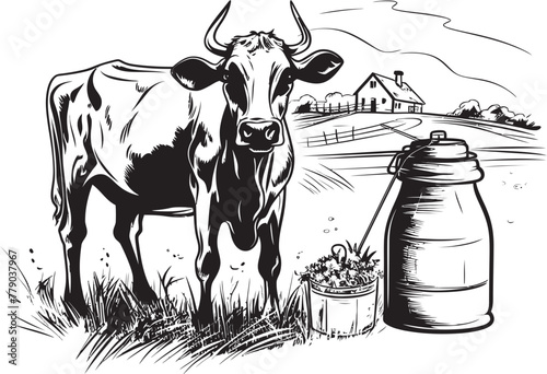 Rustic Creamery Cow and Milk Can Vector Design amidst Nature Tranquil Pasture Paradise Grass Farm Icon with Cow and Milk Can