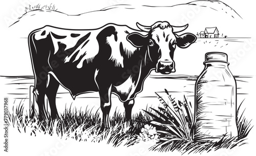Bovine Bounty Grass Farm Vector Logo with Dairy Cow Pastoral Perfection Cow with Milk Can Farm Icon